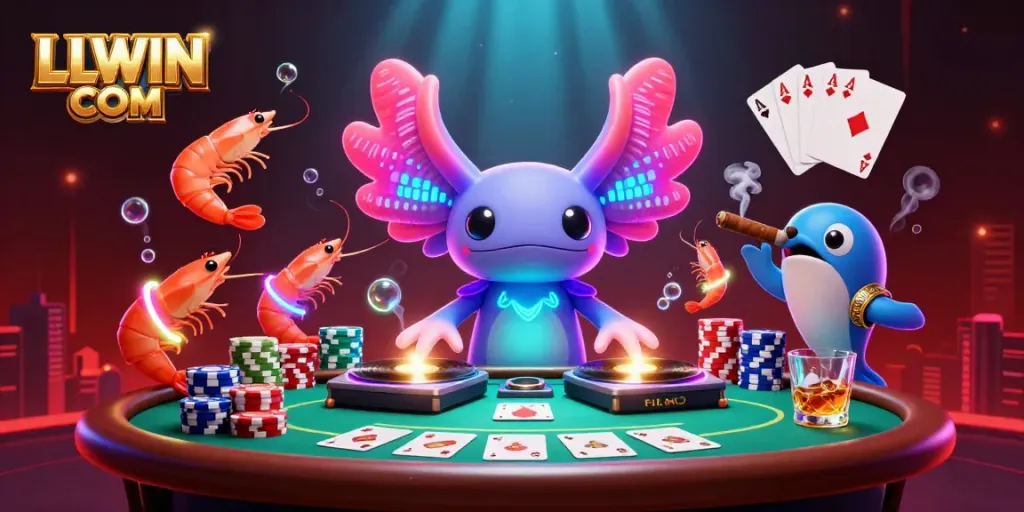 Experience LLWIN COM vibes as an axolotl DJ spins records amid vibrant casino action.