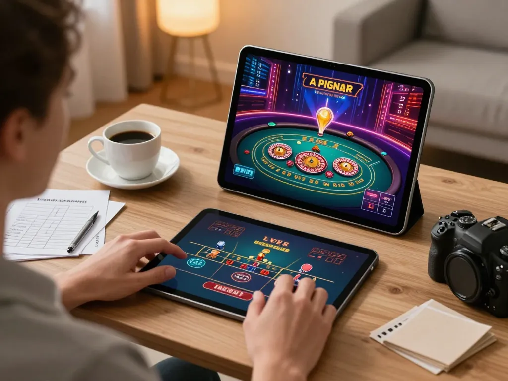 Engaging in online gaming strategy with LINK SUNWIN on a tablet at home, illustrating responsible gambling.