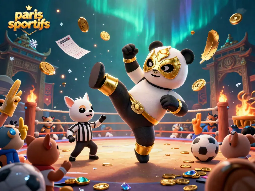 Engage in paris sportifs excitement with a dynamic wrestling scene featuring a panda and chihuahua amidst championship elements.