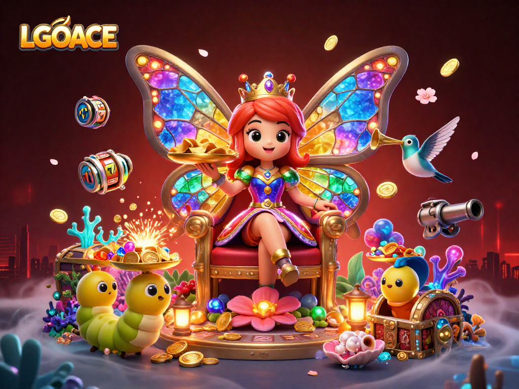 LGOACE offers a vibrant casino experience with 3D illustrations of slots, vibrant characters, and dynamic elements.