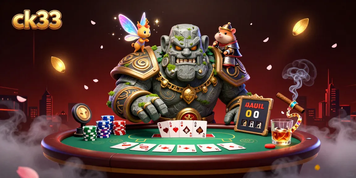 Engage with ck33 gambling excitement featuring a vibrant casino scene with poker elements and mystical characters.