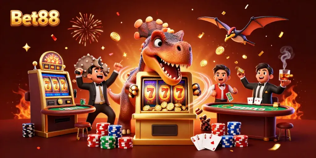 Bet88 cartoon scene of a pachycephalosaurus winning jackpot coins from a slot machine with exciting casino elements.