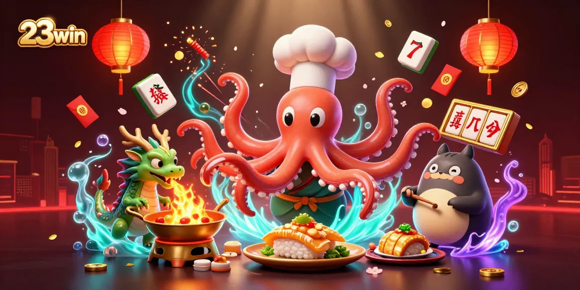 Experience winning at 23win with vibrant visuals of an octopus chef and games.