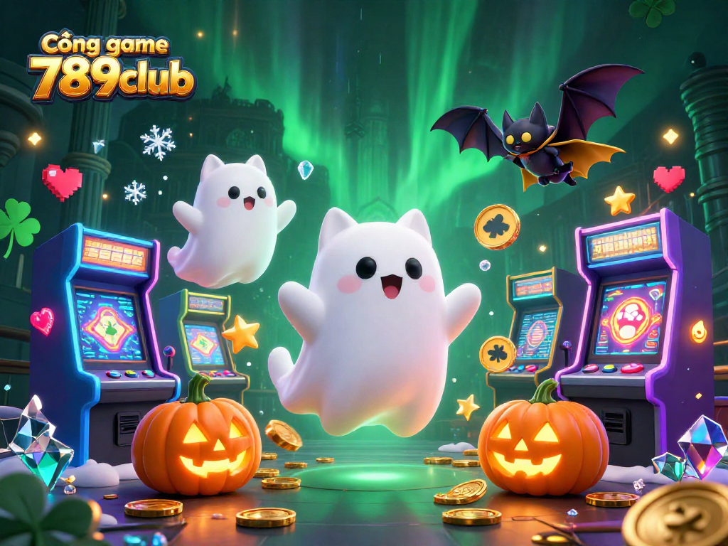 Cổng game 789club đang mang đến trải nghiệm chơi game và giải trí độc đáo với những chú mèo ma dễ thương và các biểu tượng poker phát sáng.
