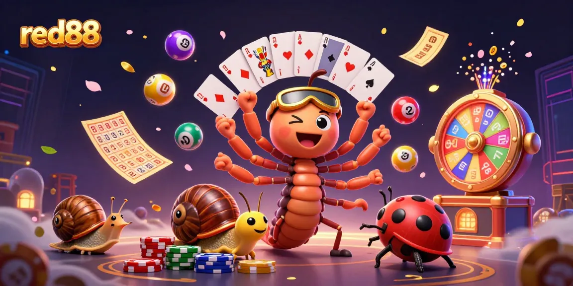 Win at red88 with a dealer showcasing cards amidst vibrant casino elements and colorful lottery balls