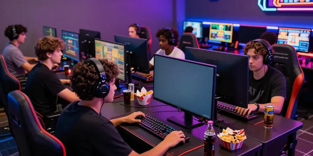 Gamers enjoying the excitement of bro138 slot in a vibrant gaming hub.
