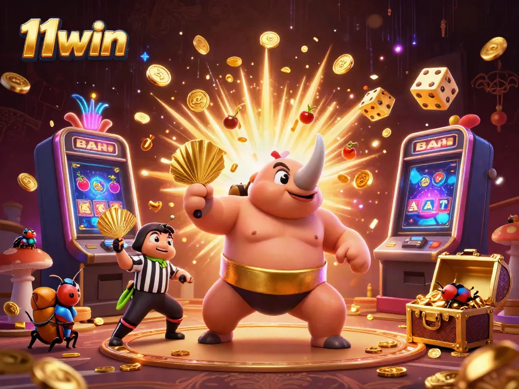 Engage in thrilling gameplay with 11win, featuring a vibrant scene of a rhinoceros beetle champion amidst a jackpot explosion.