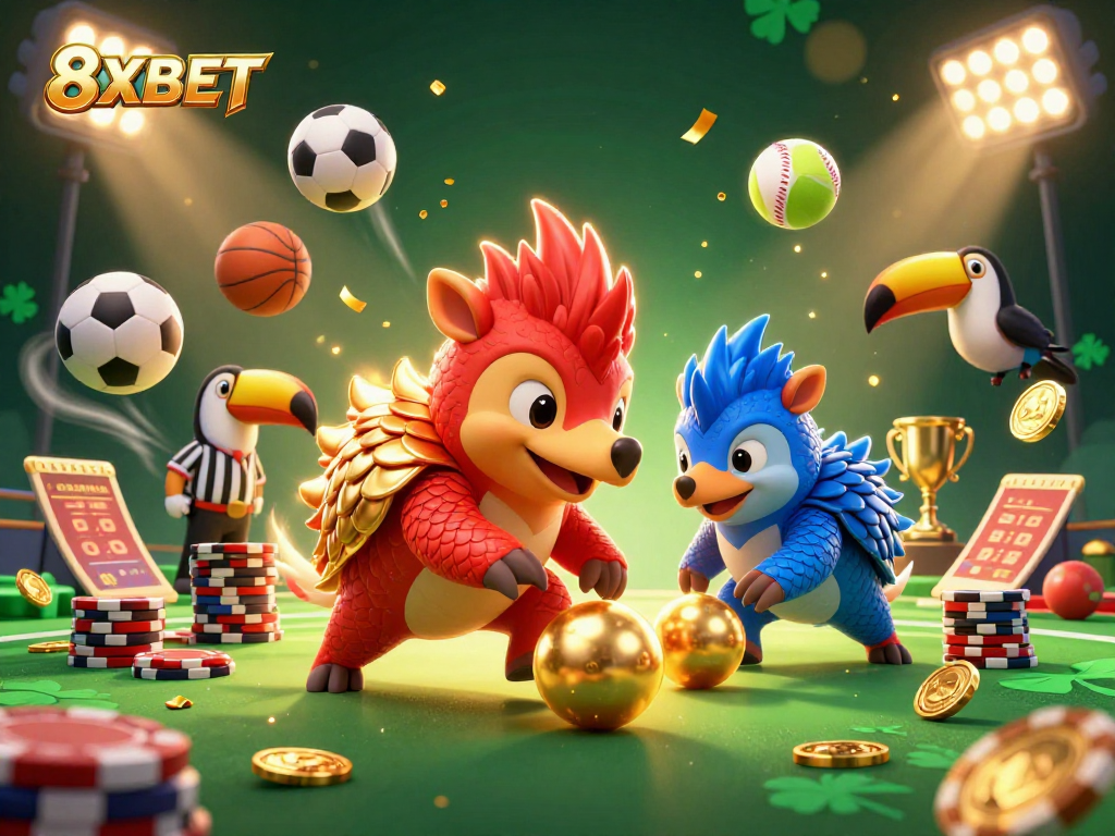 Engage in thrilling gameplay at 8XBET with vibrant pangolins amidst lively casino elements.