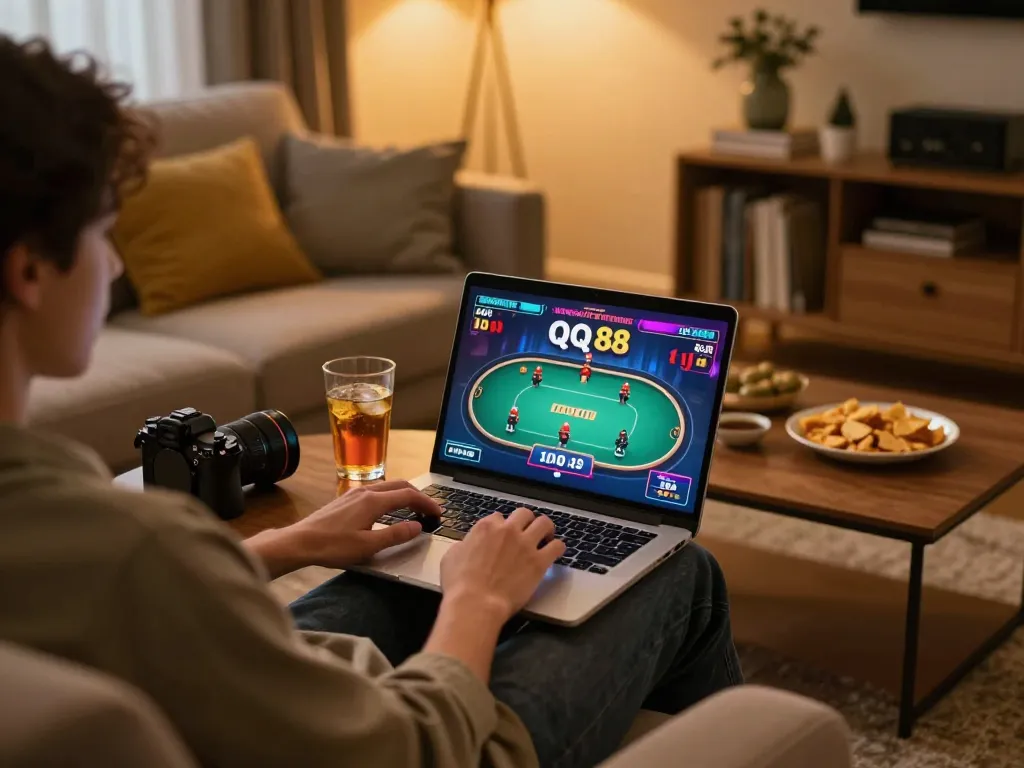 Player engaging in QQ 88 online gaming with snacks and drinks in a cozy home setting.
