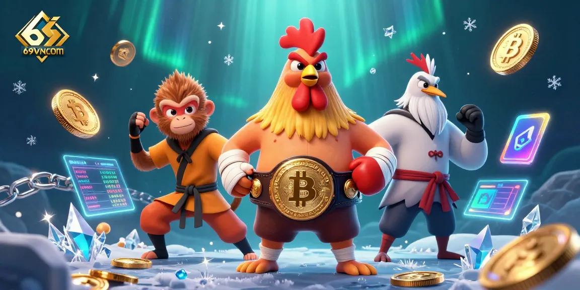 Engage with thrilling games at 69VNCOM featuring a dynamic illustration of a rooster, monkey, and crane amidst casino elements.