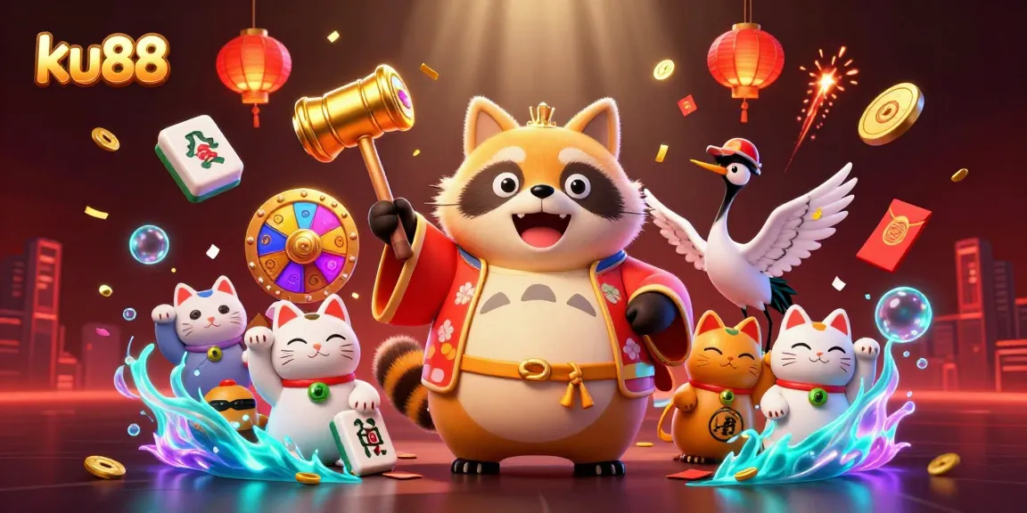 Engage with ku88 in this vibrant 3D scene featuring joyful characters and dynamic casino elements.
