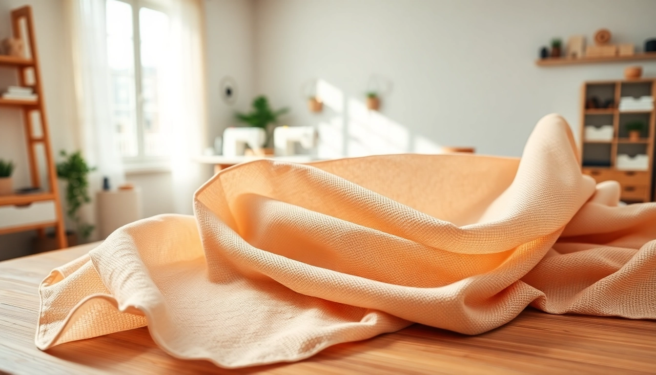 Viscose stof uitgelicht op een houten tafel, met een zachte, vloeiende textuur in een creatief atelier.