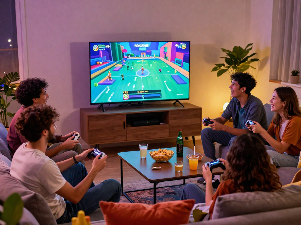 Friends enjoying gaming at home with ROKOK88 patterns on screen