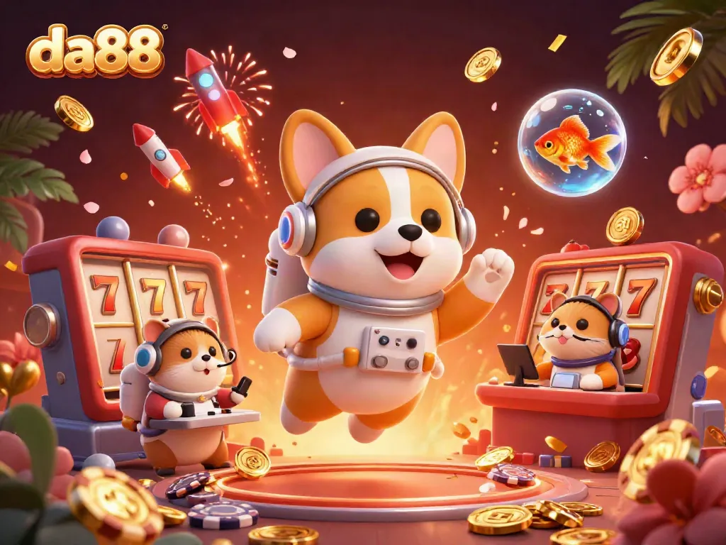 Experience winning thrills at da88 with a floating casino scene featuring vibrant games and cute characters.