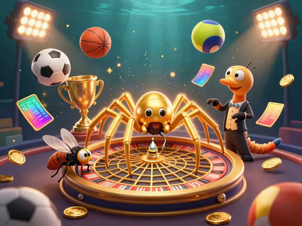 Experience thrilling bets with fabet as a cartoon spider spins a roulette wheel web, featuring dynamic sports elements.