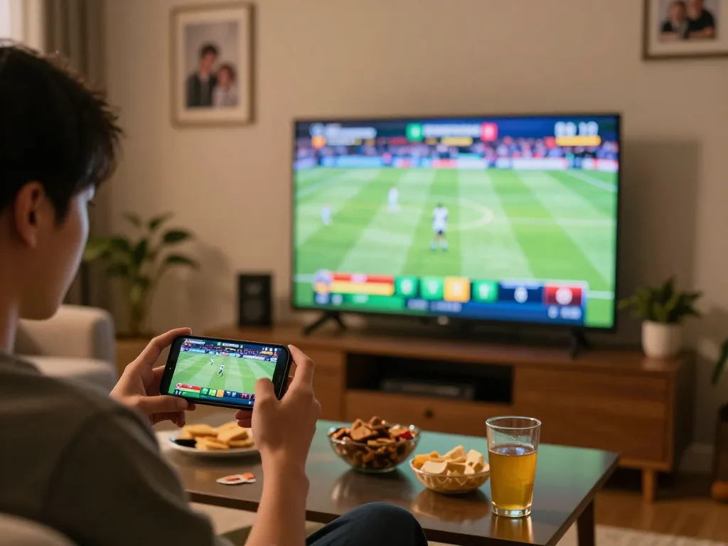 Player actively placing sports bets on mb66-t app while enjoying a game in a cozy living room.