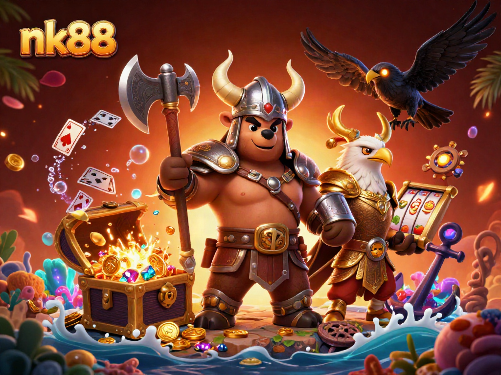 Players win at nk88 with a Viking berserker, Valkyrie eagle, and vibrant slot reels.