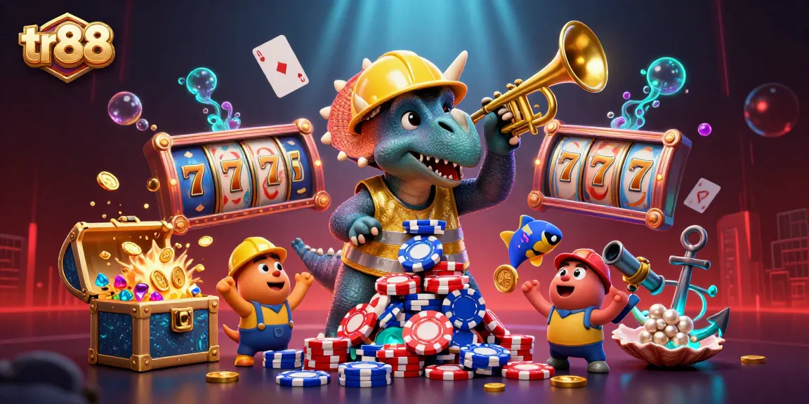 tr88 delivers winning casino excitement with 3D cartoon characters celebrating around vibrant slot games and treasures.