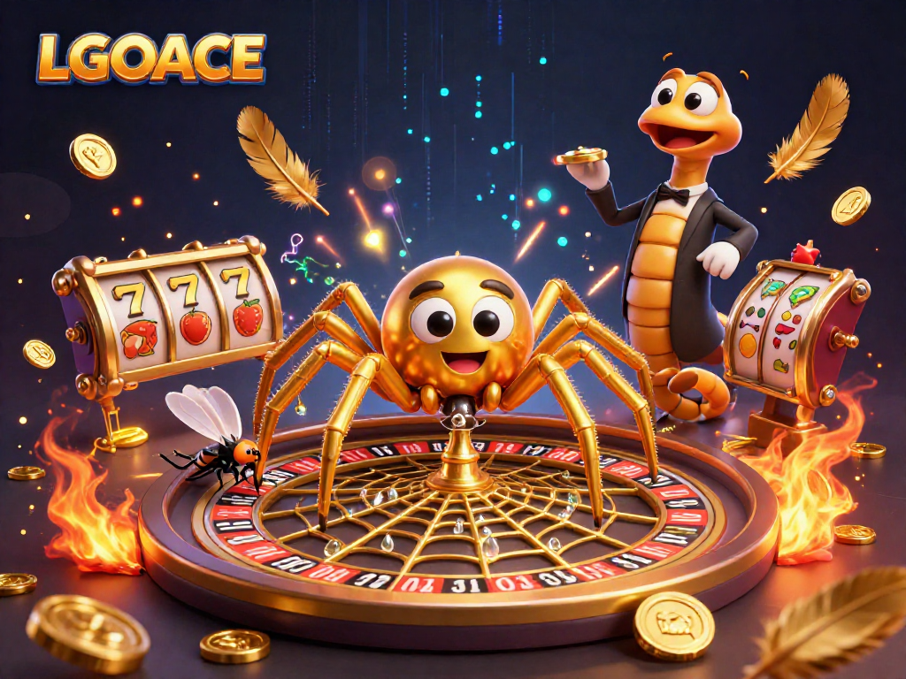 LGOACE showcases thrilling slot action with a golden spider, roulette wheel, and animated casino elements