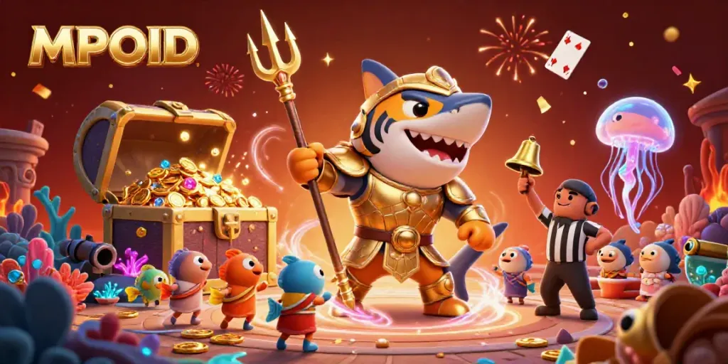 MPOID showcases an exciting underwater casino scene with a gladiator shark, coin explosions, and vibrant bioluminescent corals.