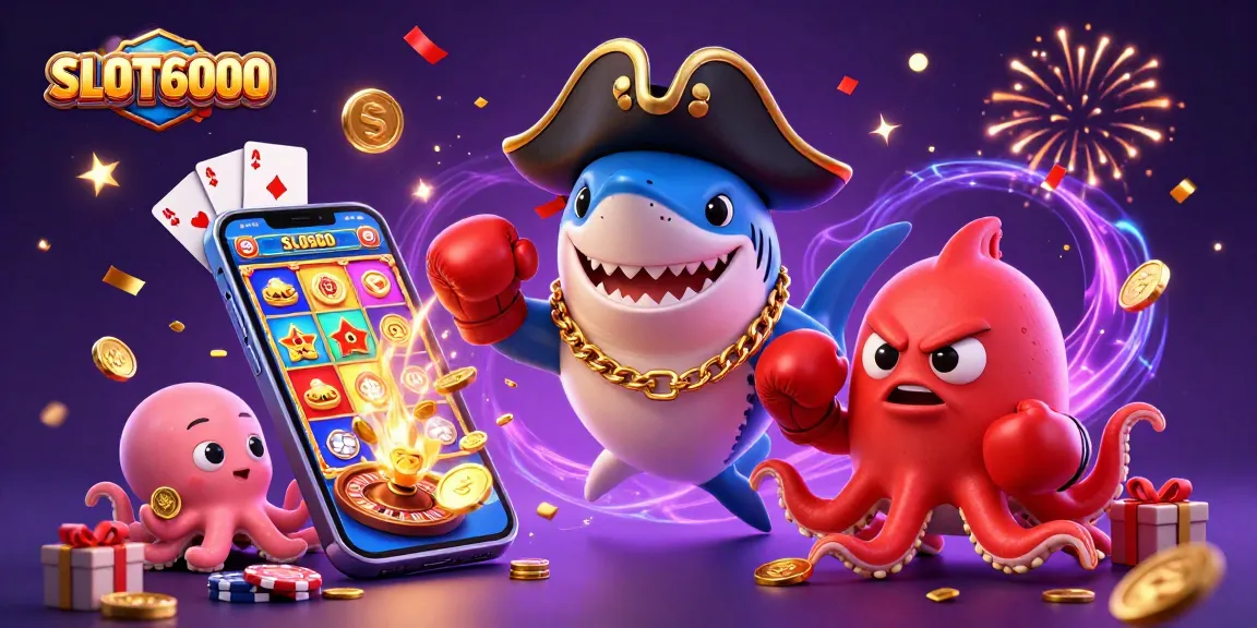SLOT6000 interactive slot game featuring a pirate shark, pufferfish, and octopus in a vibrant casino scene.