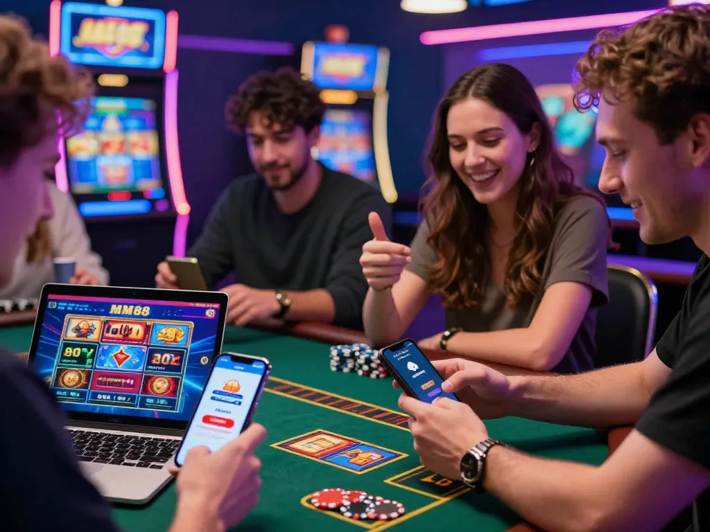 Players celebrating wins on their devices, showcasing the vibrant MM88 link in an energetic online gaming atmosphere.