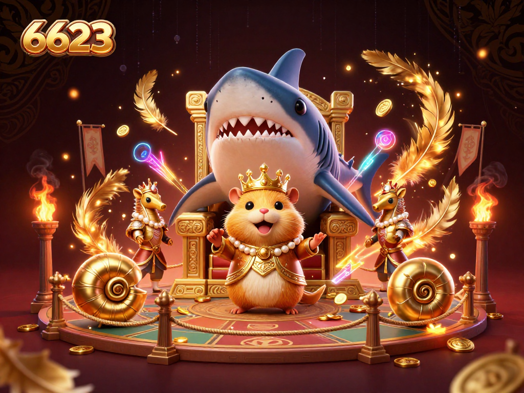 Engage with 6623's vibrant online casino featuring a golden hamster king among dynamic gaming elements.