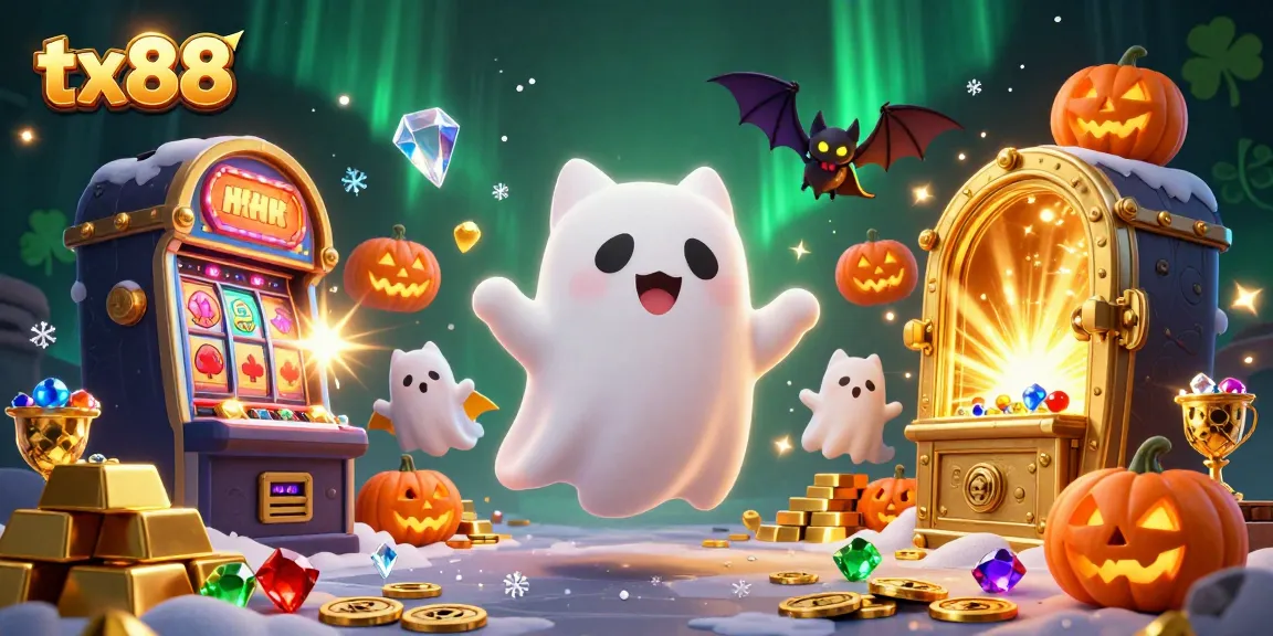 Engage in exciting gaming experiences at tx88 with a lively ghost cat and treasure-filled scene.
