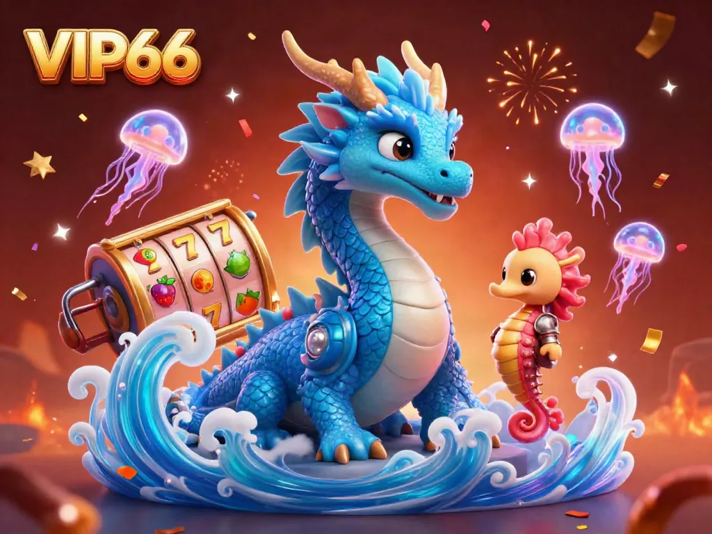 Engage in thrilling gameplay at VIP66 with vibrant scenes featuring a dragon and slot reels.