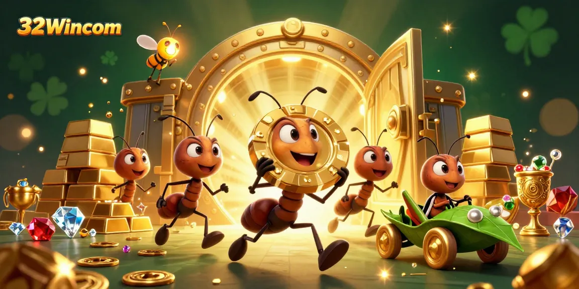 Experience the thrill at 32Wincom as ants navigate a glamorous heist for a giant poker chip.