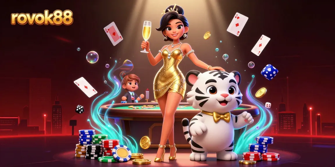 Experience excitement and strategy with rokok88, featuring a glamorous woman and a lucky tiger at a vibrant poker table.
