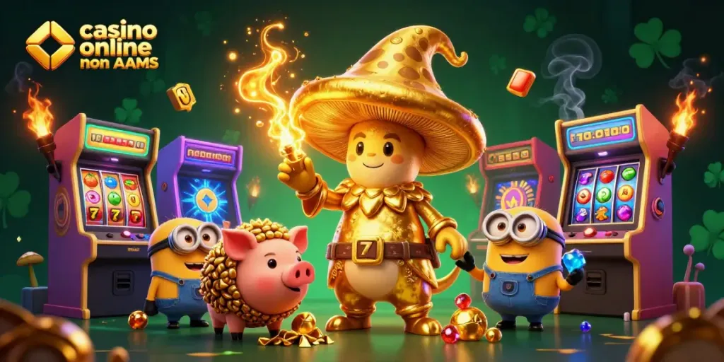 Gioca ai più avvincenti casino online non AAMS con un mago dorato e simboli gioiosi.