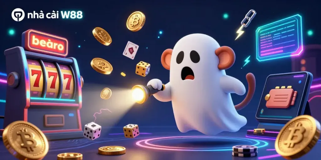 Experience thrilling gameplay at nhà cái W88 with interactive casino elements featuring a cartoon poltergeist and a curious puppy.