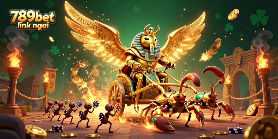 Engage with 789bet link mới in a vibrant casino adventure with golden scarabs and chip-carrying ants.