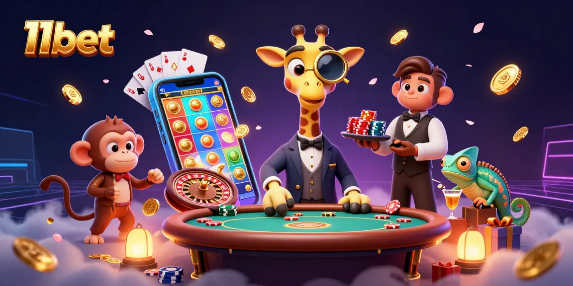 Engage in thrilling casino fun with 11bet, as lively characters dive into poker and slots.
