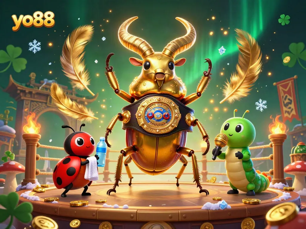 yo88 showcases a vivid 3D illustration of a golden stag beetle boxing champion, enhancing the gaming excitement.