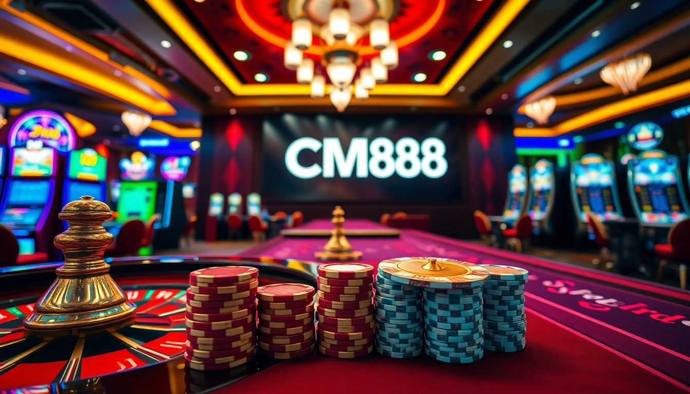Engaging scene of high-stakes gambling at CM88, showcasing roulette, poker, and colorful chips.