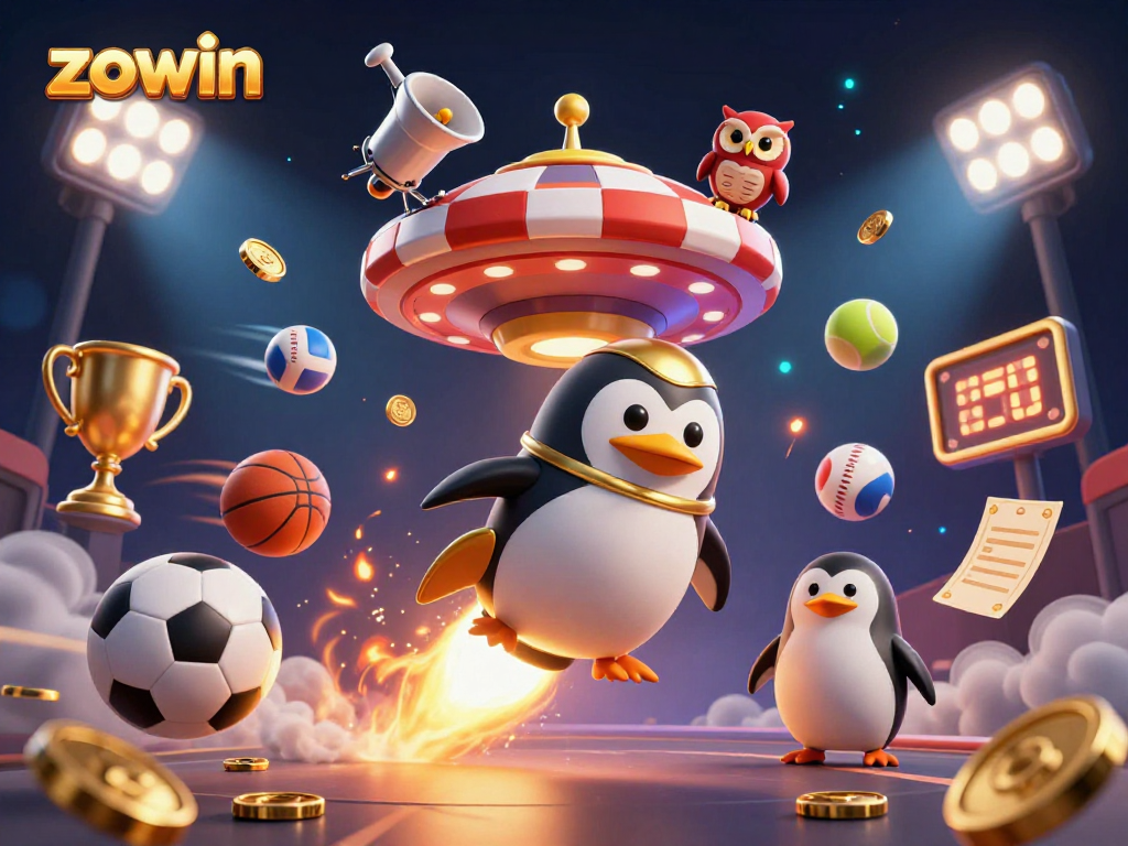 Zowin features a vibrant scene capturing a golden penguin spaceship racing towards a casino, filled with gold coins and sports elements.