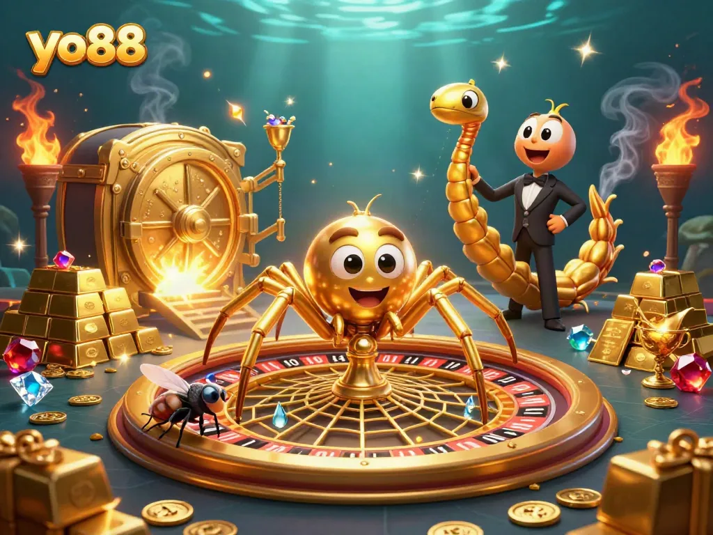 Experience thrilling bets at yo88 with a golden web-shaped roulette wheel and abundant treasure.