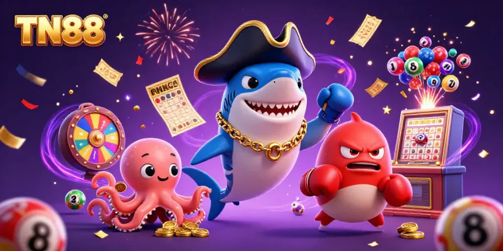 Engage in winning actions at TN88 with a colorful 3D casino illustration showcasing a pirate shark and friends.