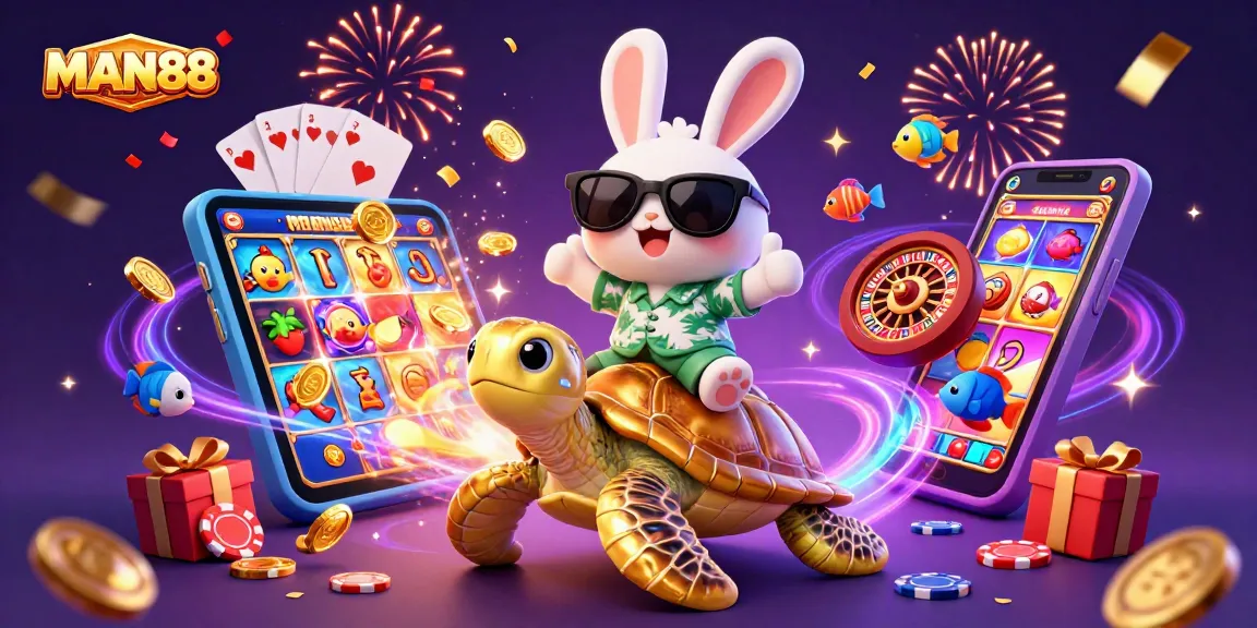 Experience the thrill of MAN88 with vibrant games and characters in a colorful casino scene.