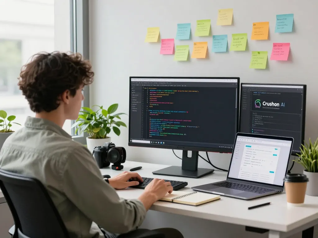 Developer coding on Crushon AI platform in a modern office setting.