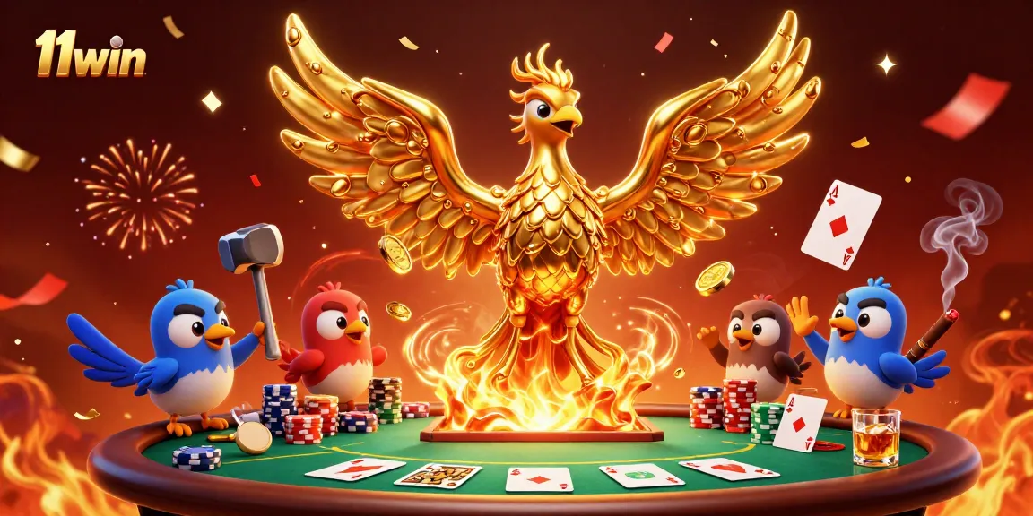 Witness the thrilling action of 11win as molten golden phoenix and poker elements captivate your casino experience.