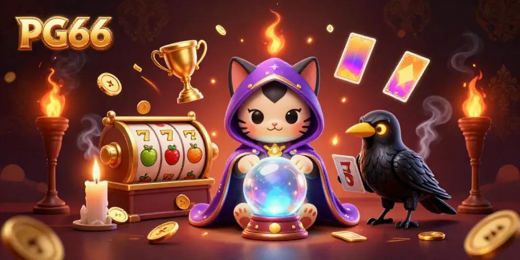 Engaging PG66 online casino scene with a mystical cat, raven, and dynamic slots and reels.