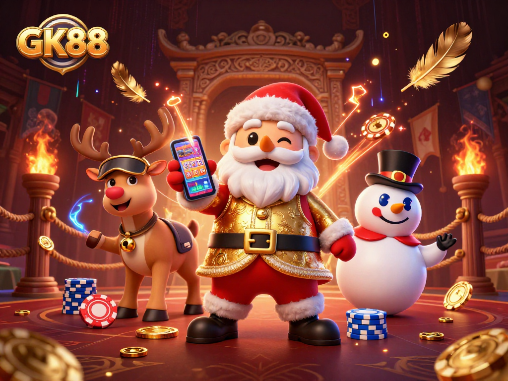 Experience the excitement of GK88 casino with Santa, a reindeer dealer, and a chip top hat snowman!