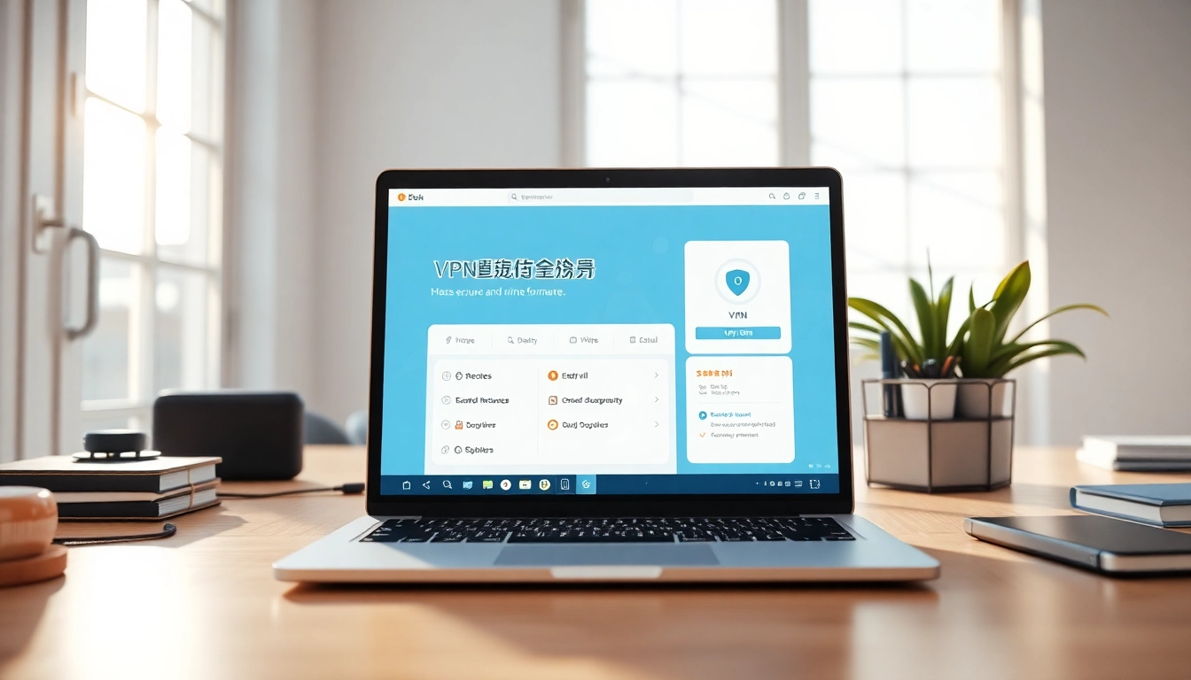 在现代家居办公室的笔记本电脑上显示的快连 VPN 应用程序。