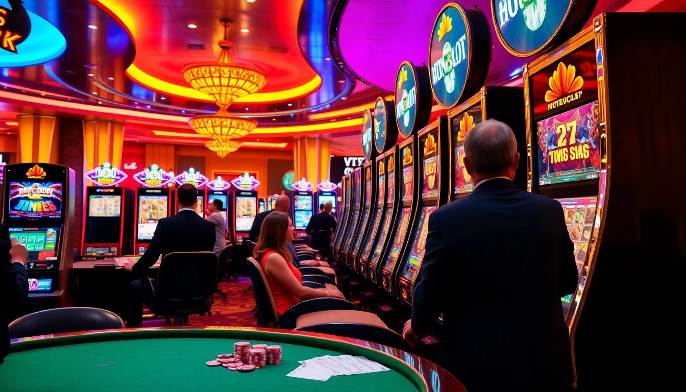 Experience thrilling idnslot gameplay amidst a luxurious casino setting with colorful slot machines and vibrant lights.