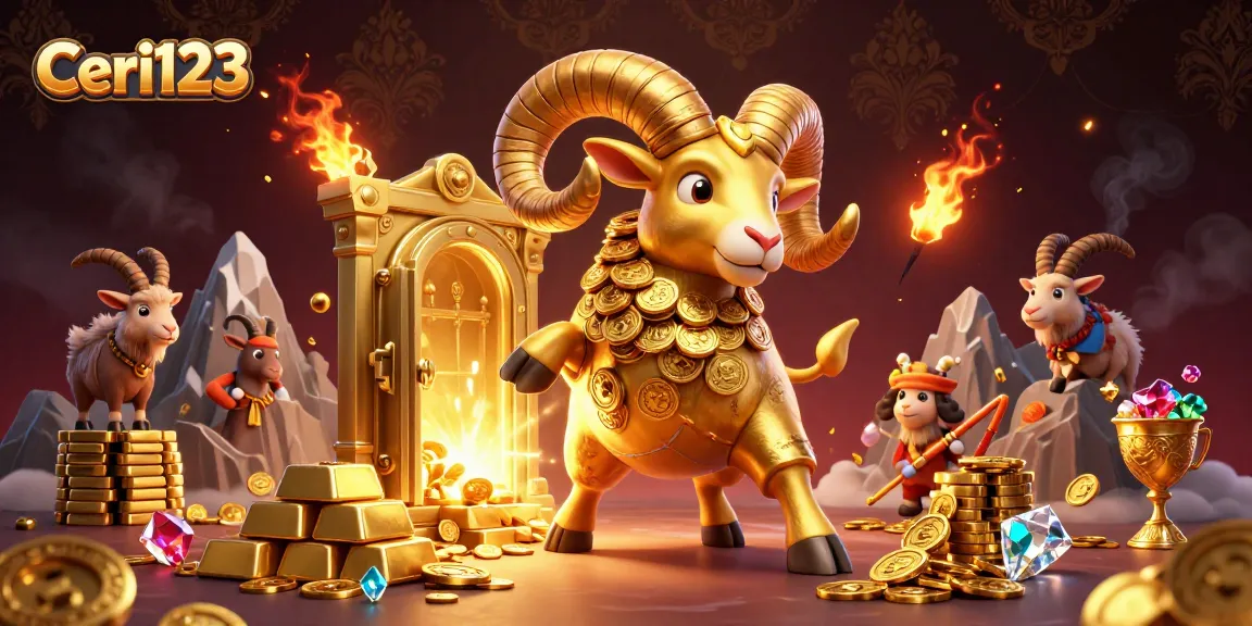 Join the excitement of Ceri123 with a golden ram charging through a treasure vault in this vibrant casino scene.