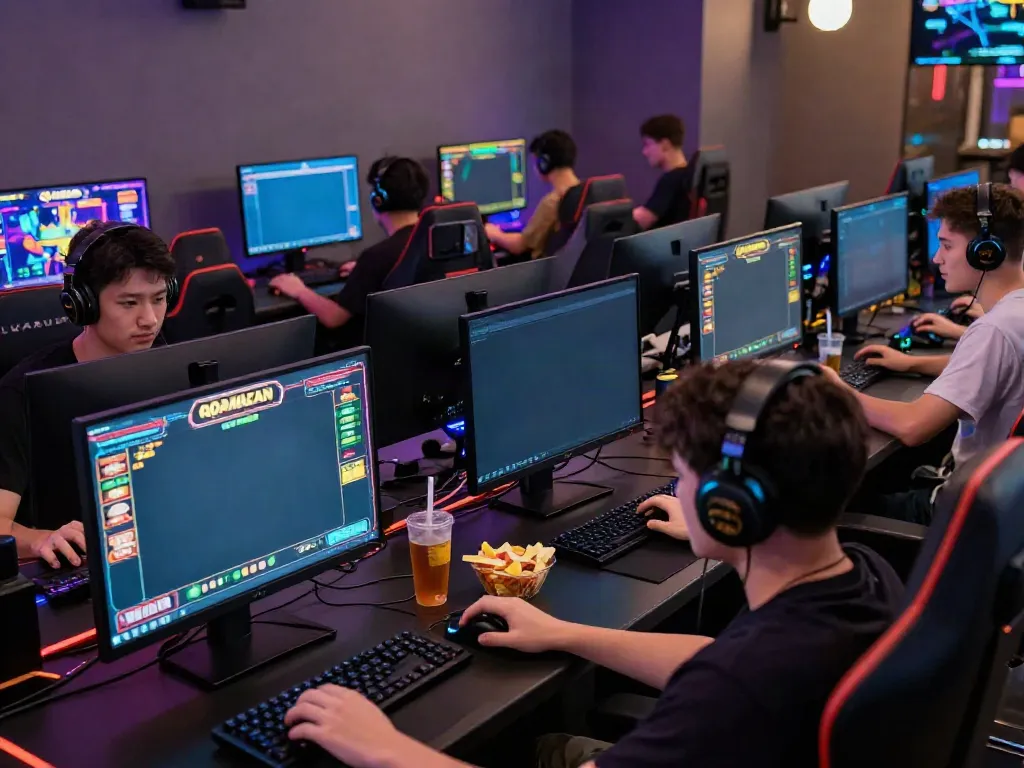 Players enjoying thrilling qqmacan slot games in a modern gaming lounge.