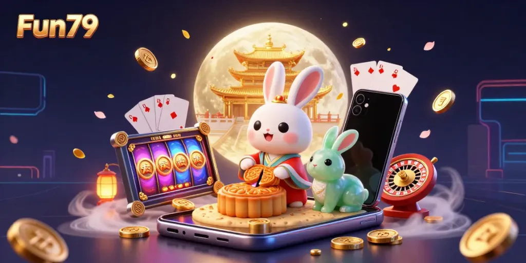 Experience Fun79 with a 3D playful moon rabbit revealing poker chips amidst a vibrant casino scene.